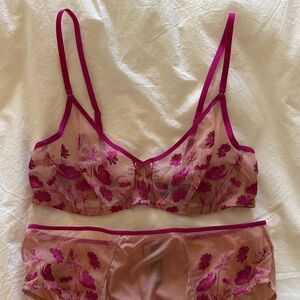Natori Sheer Floral Embroidered Bra 34C and Brief M Set - Nude and Magenta